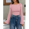 image:imageZESICA Womens Cute Tie Shoulder Ruched Top Long Sleeve Shirts  Flowy Bell Sleeve Elegant Boat Neck Slim Fit Going Out Tops for Women Fall Trendy Dressy Casual Date Night Y2KPink