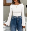 image:imageZESICA Womens Cute Tie Shoulder Ruched Top Long Sleeve Shirts  Flowy Bell Sleeve Elegant Boat Neck Slim Fit Going Out Tops for Women Fall Trendy Dressy Casual Date Night Y2KWhite