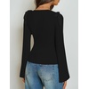 image:imageZESICA Womens Cute Tie Shoulder Ruched Top Long Sleeve Shirts  Flowy Bell Sleeve Elegant Boat Neck Slim Fit Going Out Tops for Women Fall Trendy Dressy Casual Date Night Y2KBlack