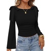 image:imageZESICA Womens Cute Tie Shoulder Ruched Top Long Sleeve Shirts  Flowy Bell Sleeve Elegant Boat Neck Slim Fit Going Out Tops for Women Fall Trendy Dressy Casual Date Night Y2KBlack