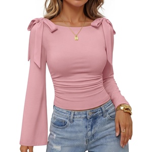 image:imageZESICA Womens Cute Tie Shoulder Ruched Top Long Sleeve Shirts  Flowy Bell Sleeve Elegant Boat Neck Slim Fit Going Out Tops for Women Fall Trendy Dressy Casual Date Night Y2KPink