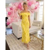 image:imageZESICA Womens Summer Off Shoulder Floral Bodycon Maxi Dress 2026 Ruched Elegant Formal Cocktail Wedding Guest Long DressesYellow