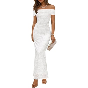 image:imageZESICA Womens Summer Off Shoulder Floral Bodycon Maxi Dress 2026 Ruched Elegant Formal Cocktail Wedding Guest Long DressesWhite