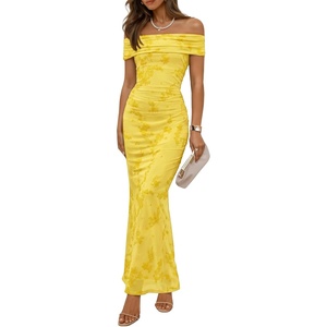 image:imageZESICA Womens Summer Off Shoulder Floral Bodycon Maxi Dress 2026 Ruched Elegant Formal Cocktail Wedding Guest Long DressesYellow