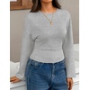 image:imageZESICA Womens 2026 Fall Long Sleeve Shirts Going Out Tops  Crew Neck Batwing Cinched Waist Soft Business Casual Work Blouse Y2K Cute Trendy Fashion ClothesGrey