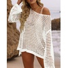 image:imageZESICA Womens 2026 Summer Crochet Hollow Out Long Sleeve Beach Bikini Swimsuit Mesh Cover Up Tunic TopApricot