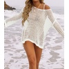 image:imageZESICA Womens 2026 Summer Crochet Hollow Out Long Sleeve Beach Bikini Swimsuit Mesh Cover Up Tunic TopApricot