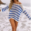 image:imageZESICA Womens 2026 Summer Crochet Hollow Out Long Sleeve Beach Bikini Swimsuit Mesh Cover Up Tunic TopCobalt