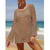 image:imageZESICA Womens 2026 Summer Crochet Hollow Out Long Sleeve Beach Bikini Swimsuit Mesh Cover Up Tunic TopDeepapricot