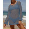 image:imageZESICA Womens 2026 Summer Crochet Hollow Out Long Sleeve Beach Bikini Swimsuit Mesh Cover Up Tunic TopDustyblue