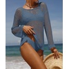 image:imageZESICA Womens 2026 Summer Crochet Hollow Out Long Sleeve Beach Bikini Swimsuit Mesh Cover Up Tunic TopDustyblue