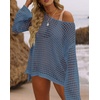 image:imageZESICA Womens 2026 Summer Crochet Hollow Out Long Sleeve Beach Bikini Swimsuit Mesh Cover Up Tunic TopDustyblue