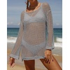 image:imageZESICA Womens 2026 Summer Crochet Hollow Out Long Sleeve Beach Bikini Swimsuit Mesh Cover Up Tunic TopGrey