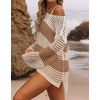 image:imageZESICA Womens 2026 Summer Crochet Hollow Out Long Sleeve Beach Bikini Swimsuit Mesh Cover Up Tunic TopKhaki