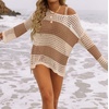 image:imageZESICA Womens 2026 Summer Crochet Hollow Out Long Sleeve Beach Bikini Swimsuit Mesh Cover Up Tunic TopKhaki