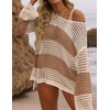 image:imageZESICA Womens 2026 Summer Crochet Hollow Out Long Sleeve Beach Bikini Swimsuit Mesh Cover Up Tunic TopKhaki