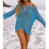 image:imageZESICA Womens 2026 Summer Crochet Hollow Out Long Sleeve Beach Bikini Swimsuit Mesh Cover Up Tunic TopLakeblue