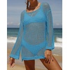 image:imageZESICA Womens 2026 Summer Crochet Hollow Out Long Sleeve Beach Bikini Swimsuit Mesh Cover Up Tunic TopLakeblue