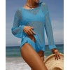 image:imageZESICA Womens 2026 Summer Crochet Hollow Out Long Sleeve Beach Bikini Swimsuit Mesh Cover Up Tunic TopLakeblue