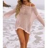 image:imageZESICA Womens 2026 Summer Crochet Hollow Out Long Sleeve Beach Bikini Swimsuit Mesh Cover Up Tunic TopPink