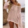 image:imageZESICA Womens 2026 Summer Crochet Hollow Out Long Sleeve Beach Bikini Swimsuit Mesh Cover Up Tunic TopPink
