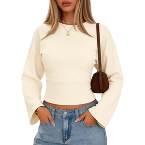 image:imageZESICA Womens 2026 Fall Long Sleeve Shirts Going Out Tops  Crew Neck Batwing Cinched Waist Soft Business Casual Work Blouse Y2K Cute Trendy Fashion ClothesApricot