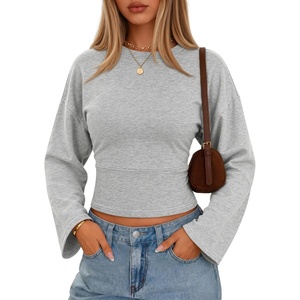 image:imageZESICA Womens 2026 Fall Long Sleeve Shirts Going Out Tops  Crew Neck Batwing Cinched Waist Soft Business Casual Work Blouse Y2K Cute Trendy Fashion ClothesGrey