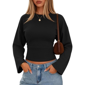 image:imageZESICA Womens 2026 Fall Long Sleeve Shirts Going Out Tops  Crew Neck Batwing Cinched Waist Soft Business Casual Work Blouse Y2K Cute Trendy Fashion ClothesBlack