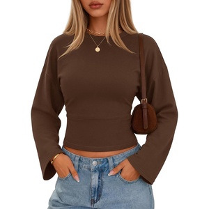 image:imageZESICA Womens 2026 Fall Long Sleeve Shirts Going Out Tops  Crew Neck Batwing Cinched Waist Soft Business Casual Work Blouse Y2K Cute Trendy Fashion ClothesBrown