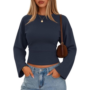 image:imageZESICA Womens 2026 Fall Long Sleeve Shirts Going Out Tops  Crew Neck Batwing Cinched Waist Soft Business Casual Work Blouse Y2K Cute Trendy Fashion ClothesNavy