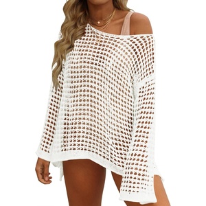 image:imageZESICA Womens 2026 Summer Crochet Hollow Out Long Sleeve Beach Bikini Swimsuit Mesh Cover Up Tunic TopApricot