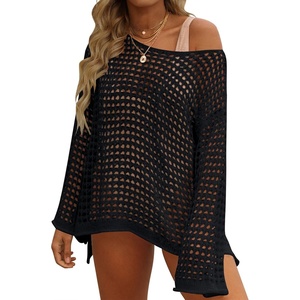 image:imageZESICA Womens 2026 Summer Crochet Hollow Out Long Sleeve Beach Bikini Swimsuit Mesh Cover Up Tunic TopBlack