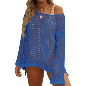 image:imageZESICA Womens 2026 Summer Crochet Hollow Out Long Sleeve Beach Bikini Swimsuit Mesh Cover Up Tunic TopBlue