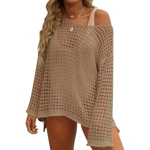 image:imageZESICA Womens 2026 Summer Crochet Hollow Out Long Sleeve Beach Bikini Swimsuit Mesh Cover Up Tunic TopDeepapricot