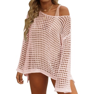 image:imageZESICA Womens 2026 Summer Crochet Hollow Out Long Sleeve Beach Bikini Swimsuit Mesh Cover Up Tunic TopPink