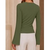 image:imageZESICA Womens Bell Long Sleeve Wrap Top Elegant Business Casual Outfits  2026 Trendy Fall Fashion Clothes Asymmetrical V Neck Shirts Slim Fit Ruched Top Metal Buckle Work Office Dressy BlouseArmygreen