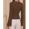 image:imageZESICA Womens Bell Long Sleeve Wrap Top Elegant Business Casual Outfits  2026 Trendy Fall Fashion Clothes Asymmetrical V Neck Shirts Slim Fit Ruched Top Metal Buckle Work Office Dressy BlouseBrown