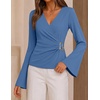 image:imageZESICA Womens Bell Long Sleeve Wrap Top Elegant Business Casual Outfits  2026 Trendy Fall Fashion Clothes Asymmetrical V Neck Shirts Slim Fit Ruched Top Metal Buckle Work Office Dressy BlouseDustyblue
