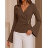 image:imageZESICA Womens Bell Long Sleeve Wrap Top Elegant Business Casual Outfits  2026 Trendy Fall Fashion Clothes Asymmetrical V Neck Shirts Slim Fit Ruched Top Metal Buckle Work Office Dressy BlouseBrown