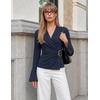 image:imageZESICA Womens Bell Long Sleeve Wrap Top Elegant Business Casual Outfits  2026 Trendy Fall Fashion Clothes Asymmetrical V Neck Shirts Slim Fit Ruched Top Metal Buckle Work Office Dressy BlouseNavy