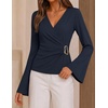 image:imageZESICA Womens Bell Long Sleeve Wrap Top Elegant Business Casual Outfits  2026 Trendy Fall Fashion Clothes Asymmetrical V Neck Shirts Slim Fit Ruched Top Metal Buckle Work Office Dressy BlouseNavy