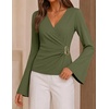 image:imageZESICA Womens Bell Long Sleeve Wrap Top Elegant Business Casual Outfits  2026 Trendy Fall Fashion Clothes Asymmetrical V Neck Shirts Slim Fit Ruched Top Metal Buckle Work Office Dressy BlouseArmygreen