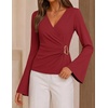 image:imageZESICA Womens Bell Long Sleeve Wrap Top Elegant Business Casual Outfits  2026 Trendy Fall Fashion Clothes Asymmetrical V Neck Shirts Slim Fit Ruched Top Metal Buckle Work Office Dressy BlouseRed