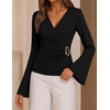 image:imageZESICA Womens Bell Long Sleeve Wrap Top Elegant Business Casual Outfits  2026 Trendy Fall Fashion Clothes Asymmetrical V Neck Shirts Slim Fit Ruched Top Metal Buckle Work Office Dressy BlouseBlack