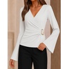 image:imageZESICA Womens Bell Long Sleeve Wrap Top Elegant Business Casual Outfits  2026 Trendy Fall Fashion Clothes Asymmetrical V Neck Shirts Slim Fit Ruched Top Metal Buckle Work Office Dressy BlouseWhite