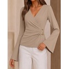 image:imageZESICA Womens Bell Long Sleeve Wrap Top Elegant Business Casual Outfits  2026 Trendy Fall Fashion Clothes Asymmetrical V Neck Shirts Slim Fit Ruched Top Metal Buckle Work Office Dressy BlouseLightcamel