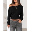 image:imageZESICA Womens Fall Long Sleeve Off Shoulder Going Out Tops  Asymmetrical Neck Shirt Crop Tops Cinched Waist Top Long Batwing Sleeve Tops Fall Shirts Date Night tops Trendy ClothesBlack