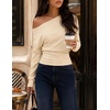 image:imageZESICA Womens Fall Long Sleeve Off Shoulder Going Out Tops  Asymmetrical Neck Shirt Crop Tops Cinched Waist Top Long Batwing Sleeve Tops Fall Shirts Date Night tops Trendy ClothesApricot
