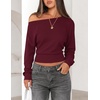 image:imageZESICA Womens Fall Long Sleeve Off Shoulder Going Out Tops  Asymmetrical Neck Shirt Crop Tops Cinched Waist Top Long Batwing Sleeve Tops Fall Shirts Date Night tops Trendy ClothesBurgundy