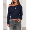 image:imageZESICA Womens Fall Long Sleeve Off Shoulder Going Out Tops  Asymmetrical Neck Shirt Crop Tops Cinched Waist Top Long Batwing Sleeve Tops Fall Shirts Date Night tops Trendy ClothesNavy